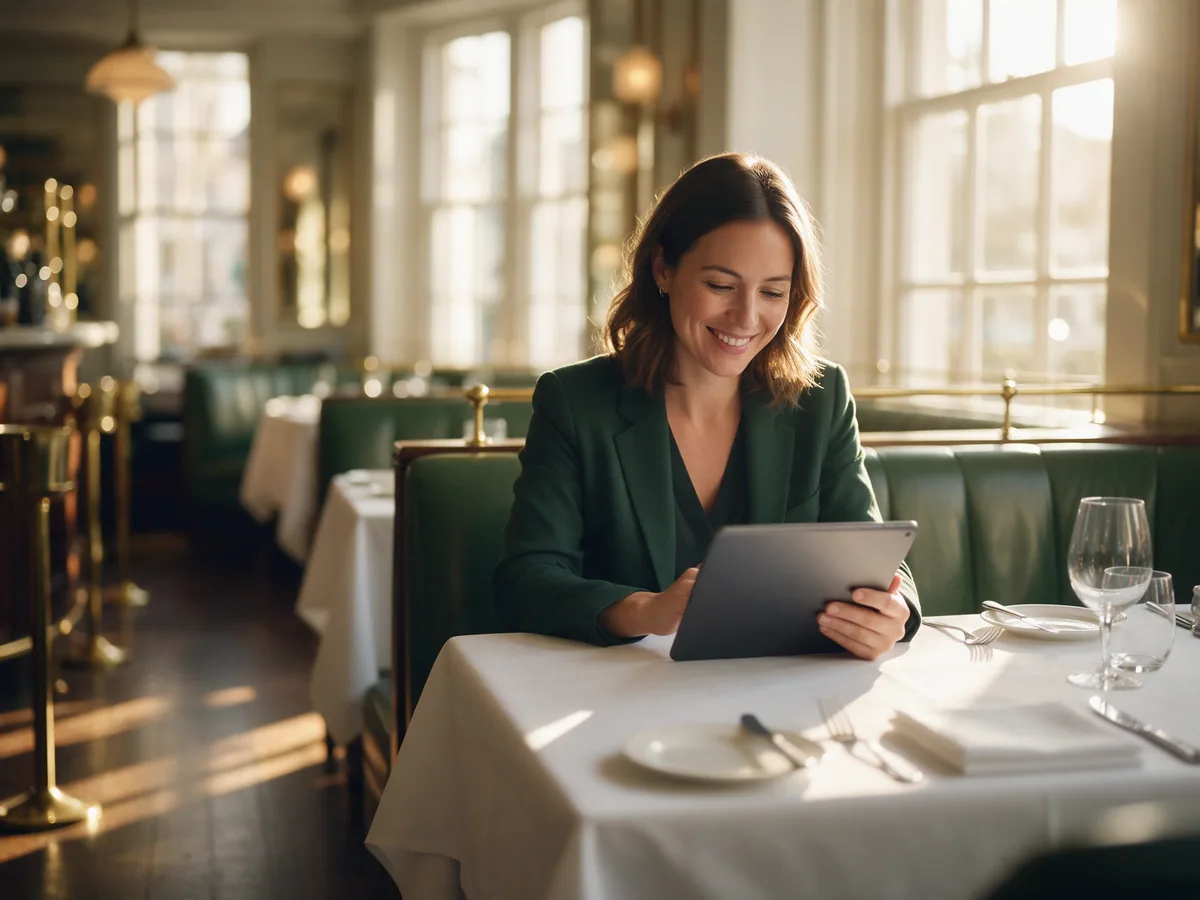 Gérante de restaurant consultant sa tablette en salle avant le service
