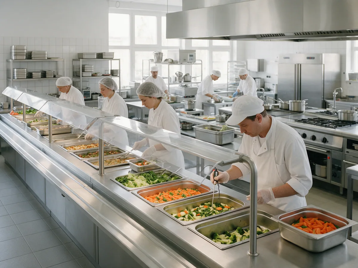 Cuisine de restauration collective : équipe en tenue blanche et contrôle de température au thermomètre-sonde